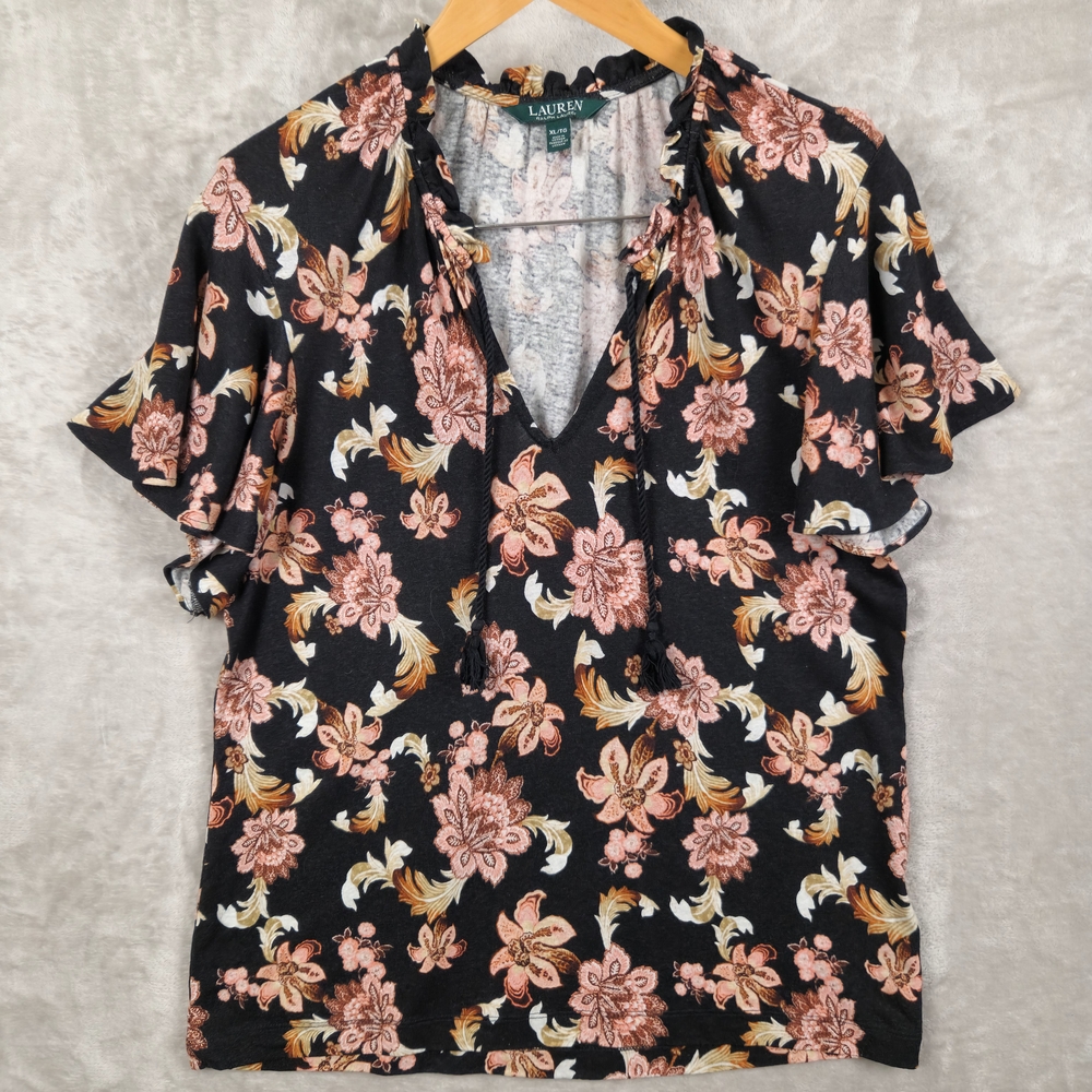Lauren Ralph Lauren Top Womens XL Linen Blend Dark Floral Ruffles Tassels